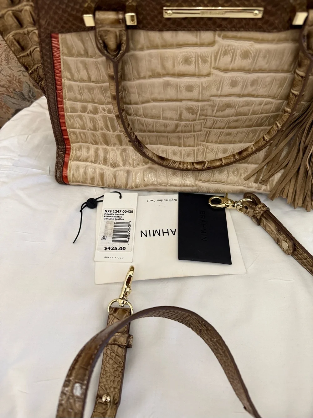 Croc-Embossed Tote in Beige and Brown with Red Trim